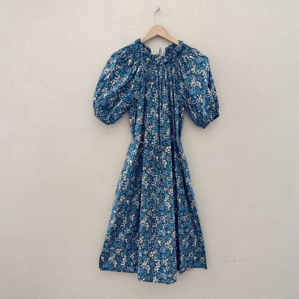 J. Crew Smocked Puff Sleeve Midi Dress XS Liberty Fabric Blue Floral Cottagecore - Picture 5 of 16